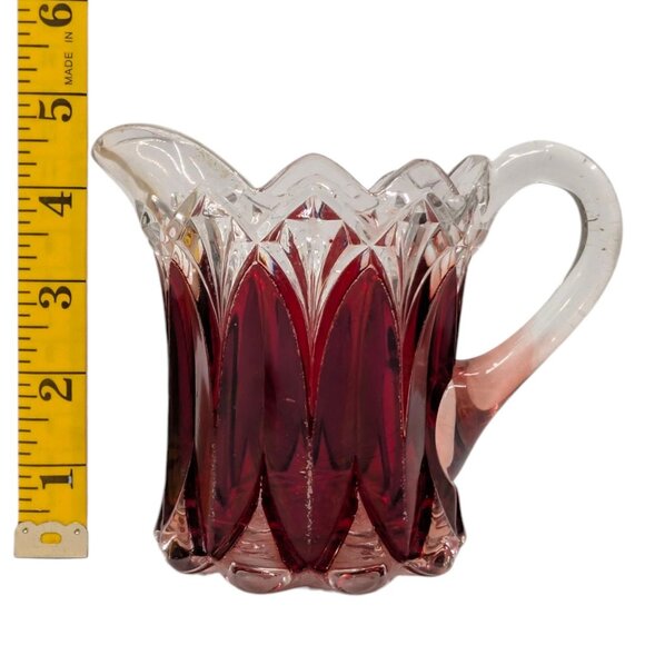 Vtg Ruby Stained Glass Pitcher Etched Victorian Style with Handle 4.5" x 4.5" - Picture 5 of 11